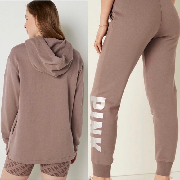 Victoria’s Secret Pink 2-Piece SET Iced Coffee Relaxed Joggers & Pullover Hoodie - Picture 2 of 12